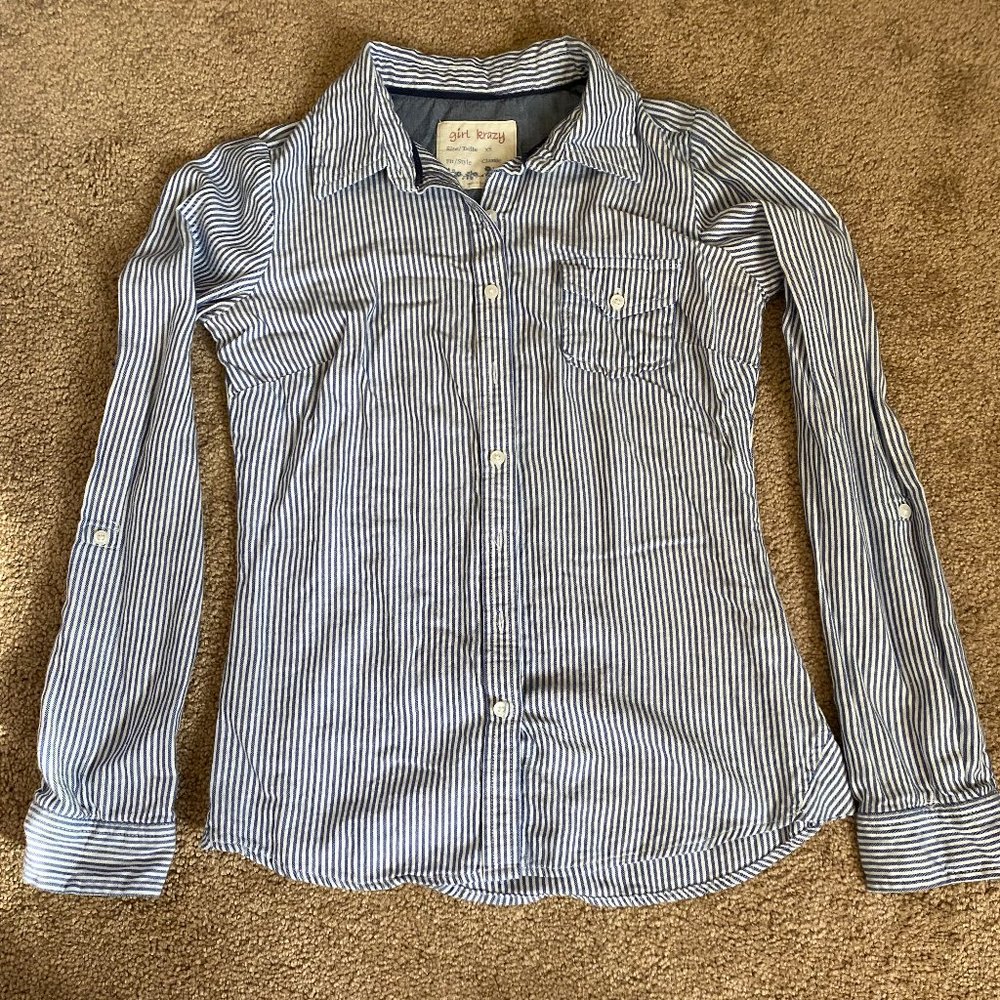 Girl Krazy Button Down Blue and White Stripe Long Sleeve Top